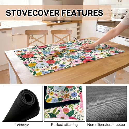 Image of Watercolor Flowers Stove Top Cover for Electric Stove, Flowers Rubber Stove top Cover, Heat Resistant Glass Cooktop Cover, Flat RV Range Protector Dish Drying Mat, Kitchen Farmhouse Decor, 28 inchx20 inch