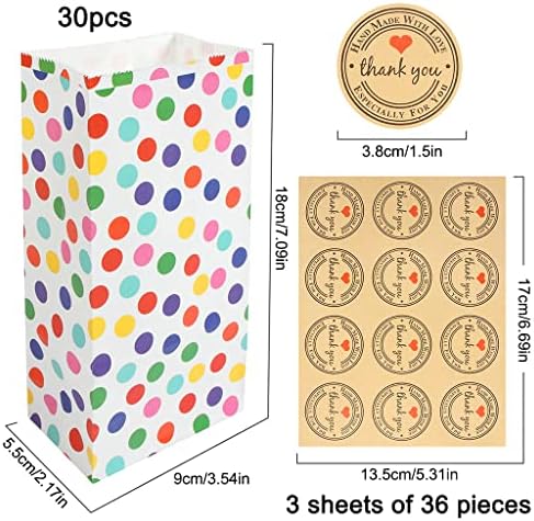ZTMY 30PCS Paper Party Bags, Rainbow Dots Paper Grocery Candy Bags Favour Bags Kraft Treat Gift Bags with 36 Pcs Stickers for Kids Birthday Valentines'Day Wedding Gifts(18 × 9 × 5.5CM)