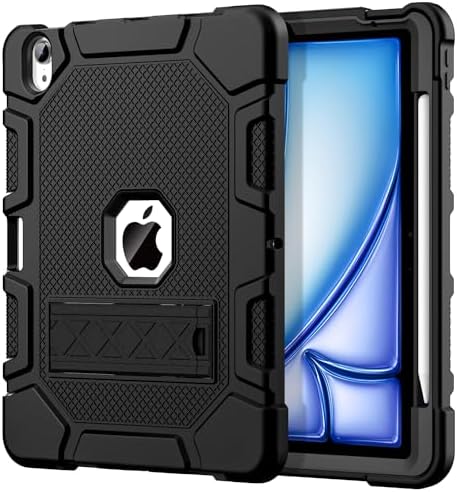 Azzsy for iPad Air 11-inch (M3/M2) 2025/2024, iPad Air 5th/4th Generation 10.9 Inch Case (2022/2020), Heavy Duty Shockproof Rugged Protective Case with Pencil Holder, Black