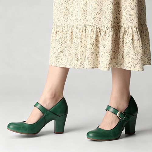 Image of SHODENSE Women Vintage Chunky High Heel Mary Jane Shoes Round Closed Toe Ankle Strap Dress Sandals 3 inch Block Heels Mary Jane Lolita Pumps Two-Toned Patchwork Buckle Office Lady Wedding Retro 4-11 M US