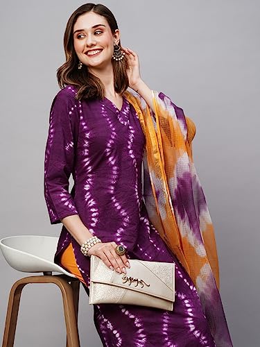 Image of GoSriKi Women's Cotton Blend Straight Printed Kurta with Pant & Dupatta (Mukhi Pink-GS)