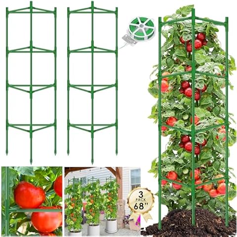 WYRJXYB Tomato Cages for Garden - Heavy Duty Steel Tomatoes Cage 3 Packs Tall Up to 68in & 164Ft Twist Tie -Tomato Plant Stakes Support Cages Trellis for Garden Pots Vegetable Climbing Plants Outdoor Cover
