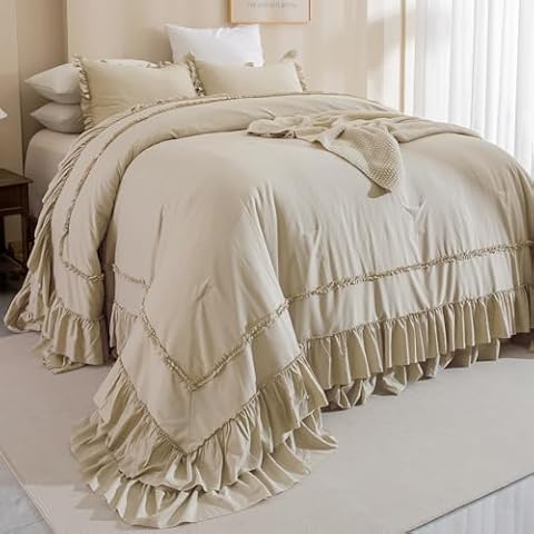 QSH Wheat Oversized King Comforter Set 120x120, Farmhouse Ruffled Bedding Comforter French Country Shabby Vintage Bed Comforter Microfiber Soft Lightweight Fluffy Bedding 3 PCs Cover