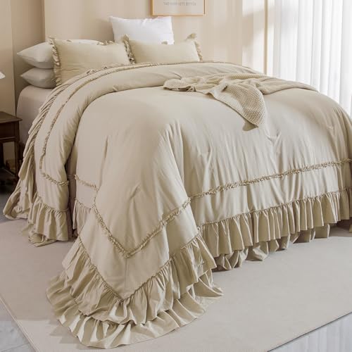 Image of QSH Wheat Oversized California King Bed Comforter Set 128x120, Farmhouse Shabby Vintage Bedding Comforter with Ruffles French Country Comforter Soft Microfiber Fluffy Bedding 3 PCs