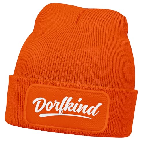 MoonWorks® Herren Beanie mit Patch Dorfkind Strickmütze mit Spruch Aufdruck Lustig Mütze Männer Orange Unisize