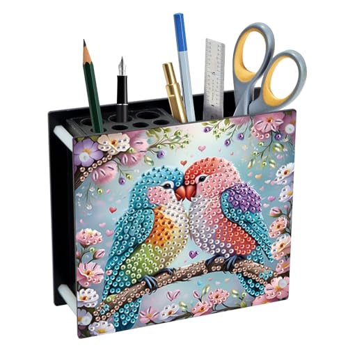 Image of DIY 5D Diamond Painting Pen Holder - Colorful Parrot Couple Pencil Organizer for Bird Lovers, 5D DIY Desk Organizer with Beads, Pencil Organizer for Craft Desk or Gift