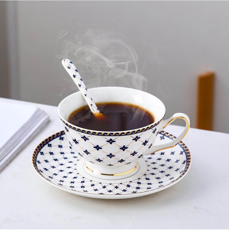 Porlien Royal Blue Star-night Porcelain 7-ounce Teacup and Saucer Set with 6-inch Coffee Spoon - Image 2