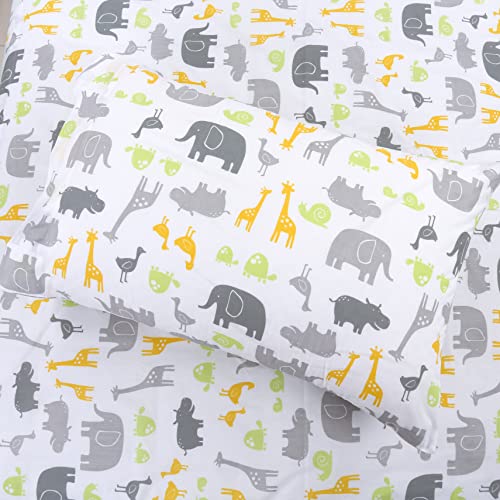 Image of 100 Cotton 3 Piece Toddler Sheet Set, Soft Breathable Crib Bedding Set for Boys Includes a Flat Sheet, a Fitted Sheet, a Pillowcase, Safari Fun Animals Elephant Giraffe Hippo Grey