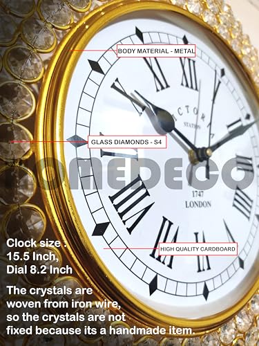 Image of HOMEDECO Decorative Crystal Wall Clock Analog 6 Lines of Diamond Beads Iron Clock, Roman Numbers Modern Fancy Designer Clock, Luxury Large Victoria for Home Decor Items Best Gift (Golden 39x20.32cm)