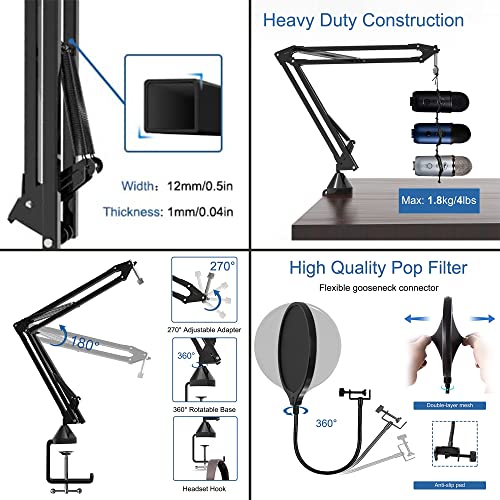 Image of Audio Array Suspension Boom Scissor Microphone Stand | Double Layer Mesh Pop Filter | 70cm Sturdy Boom Arm with 1.8kg Capacity | 5 /8 inch to 3 /8 inch Screw Adapter | Mic Holder, Foam Cover, Cable Ties | AA-01