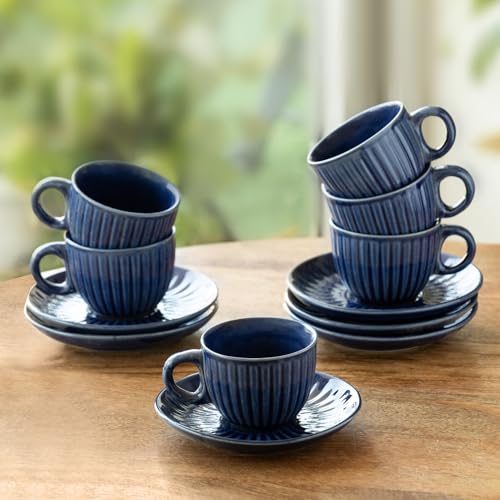 Image of ExclusiveLane 'Midnight Ripped' Hand Glazed Ceramic Tea Cups with Saucer Ceramic Coffee Cups Chai Tea Cup (Set of 6, 150 ML, Microwave Safe, Dishwasher Safe)