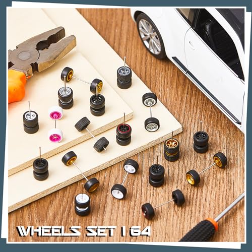 Poen 21 Sets Model Car Replacement Wheels 1: 64 1/64 Scale Wheels Rubber Tires for Model Cars Rims Accessories, Mixed Styles (Fresh Color,Novel)