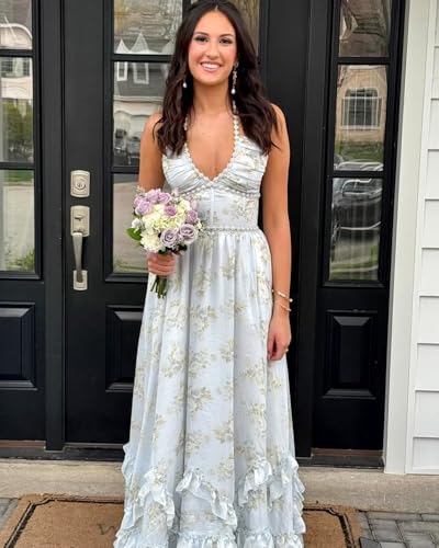 Floral Prom Dresses for Women Pearl Corset Chiffon Ruffles Formal Evening Gowns with Slit3