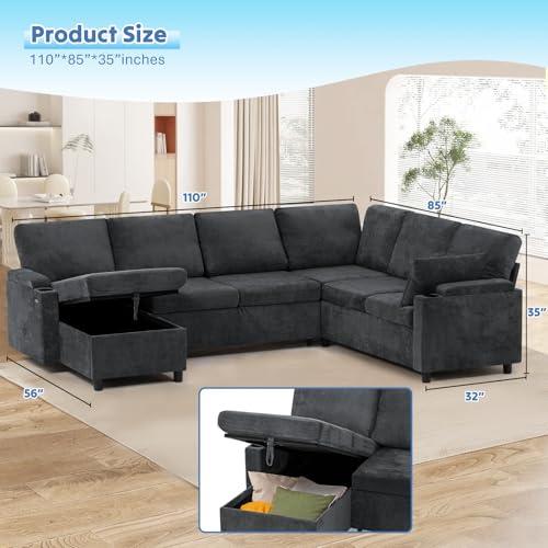 Image of 110 inch Chenille Sectional Sofa w /Pull Out Bed & Storage Chaise, Grey | Reversible U Shape Sofa w /Storage Armrests & Cup Holders, Corner Couch w /USB Charging Port & Throw Pillows for Living Room