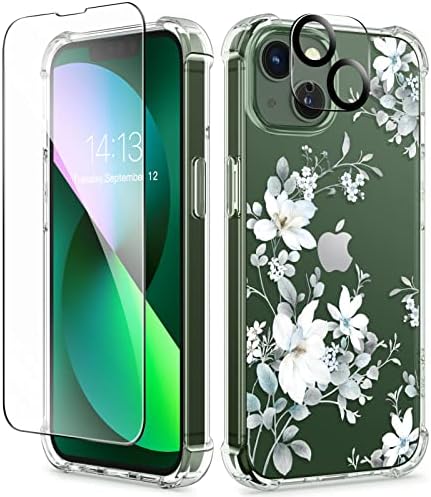 GVIEWIN Designed for iPhone 13 Case 6.1 Inch, with Tempered Glass Screen Protector + Camera Lens Protector Clear Flower Soft & Flexible Shockproof Floral Women Phone Cover (Serissa/White)