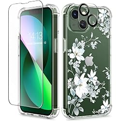 GVIEWIN for iPhone 13 Case Floral, Screen Protector & Camera Lens Protector | Non Yellowing, Soft Shockproof Clear Protective Phone Cover for Women, Flower Pattern Design 6.1