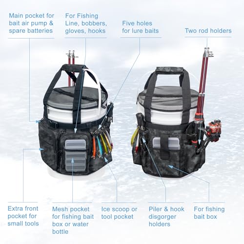Bolsa organizadora para cubeta de pesca con cubierta, bolso para aparejos con soporte para cañas y alicates, multi-bolsillos para cubeta de 5 galones para equipo y accesorios de pesca miniatura 2