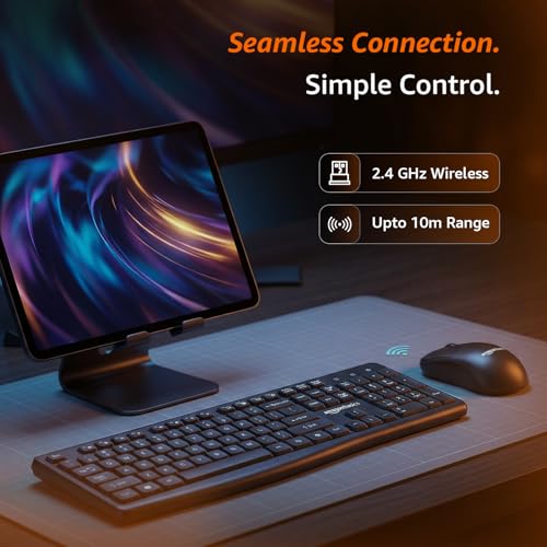 Image of Amazon Basics Wireless Keyboard and Mouse Combo | 2.4GHz Wireless | Full-Size 104-Key Keyboard with ₹ Key | Low-Noise Typing | Compact Ergonomic Mouse | USB Receiver | Windows XP 7 8 10 11