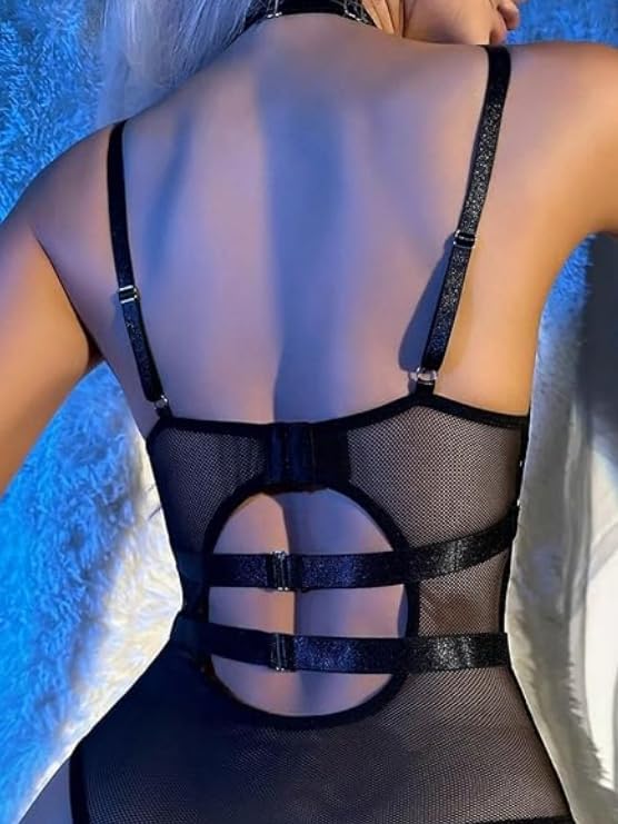 Sexy Crisscross Choker Lingerie for Women PU Leather Underwire Babydoll One piece Strappy Mesh Teddy Bodysuit - Image 6