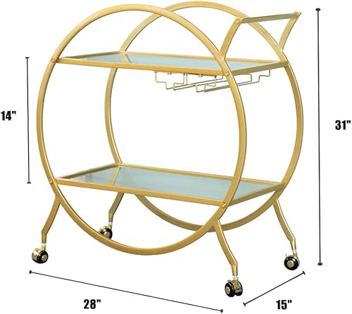Miniatura 6 de Carrito de barra redondo dorado con 2 estantes de espejo, carrito de servicio con ruedas y soporte para vidrio, carrito de vino móvil para el hogar,