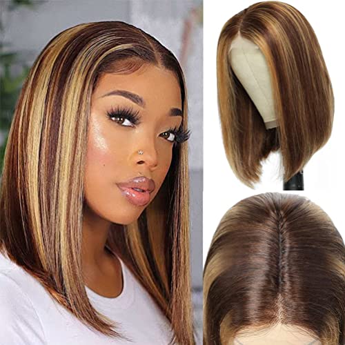 Iwish Blonde Highlight Bob Wigs For Black Women Synthetic Hair Brown Mixed Blonde Wig 14Inch P4/27 Middle Part Short Bob Hair Wig For Daily Use #TOP2