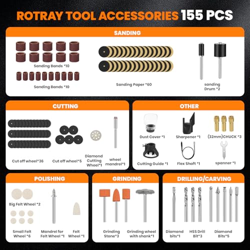 200W Corded Rotary Tool Kit with Fine Speed Control & Flex Shaft 8000-40000 RPM Digital Display, 155Pcs Accessories for Crafting, Cutting, Sanding, Polishing, Drilling, Carving, DIY Projects - Thumbnail 6