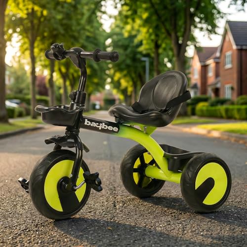 Image of Baybee Nova Baby Tricycle for Kids | Plug & Play Kids Cycle with Safety Belt & Front and Back Storage | Kid Cycle Trikes with Eva Wheels | Baby Cycles for Kid 2 to 5 Years Boys Girls (Black /Green)