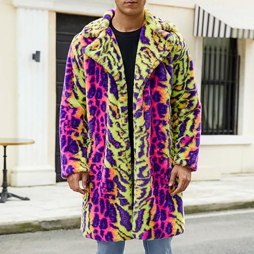 Cambkatl Men's Colorful Leopard Luxury Faux Fur Coat Furry Lapel Collar Long Outerwear Fluffy Winter Warm Cardigans Jacket3