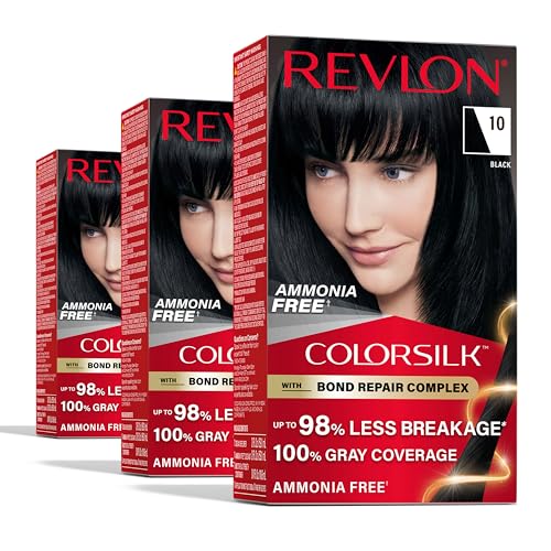 Revlon ColorSilk with Bond Repair Complex, Black Permanent Hair Color, 100% Gray Coverage, Ammonia Free Hair Dye, Vegan Keratin, 10 Black (Pack of 3)