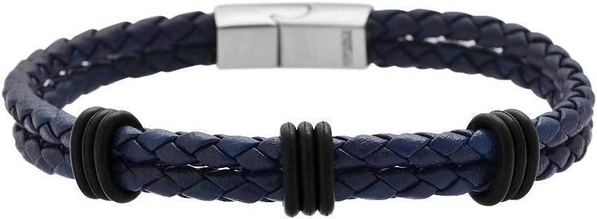 Mens Two-Strand Braided Genuine Leather Wheat Chain Bracelet with Stainless Steel Closure