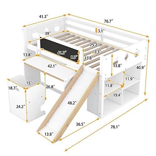 Merax Low Loft Bed With Slide And Blackboard, Twin Wood Bed Frame With Desk, Chair And 4 Storage Cabinets, For Boys & Girls (White) #TOP1
