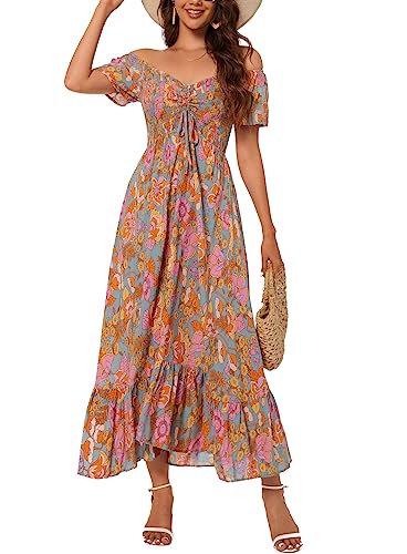 Image of Summer Smocked Boho Maxi Dress for Women 2026 Short Sleeve Floral Smocked Flowy Ruffled Beach Vacation Dresses Lightweight