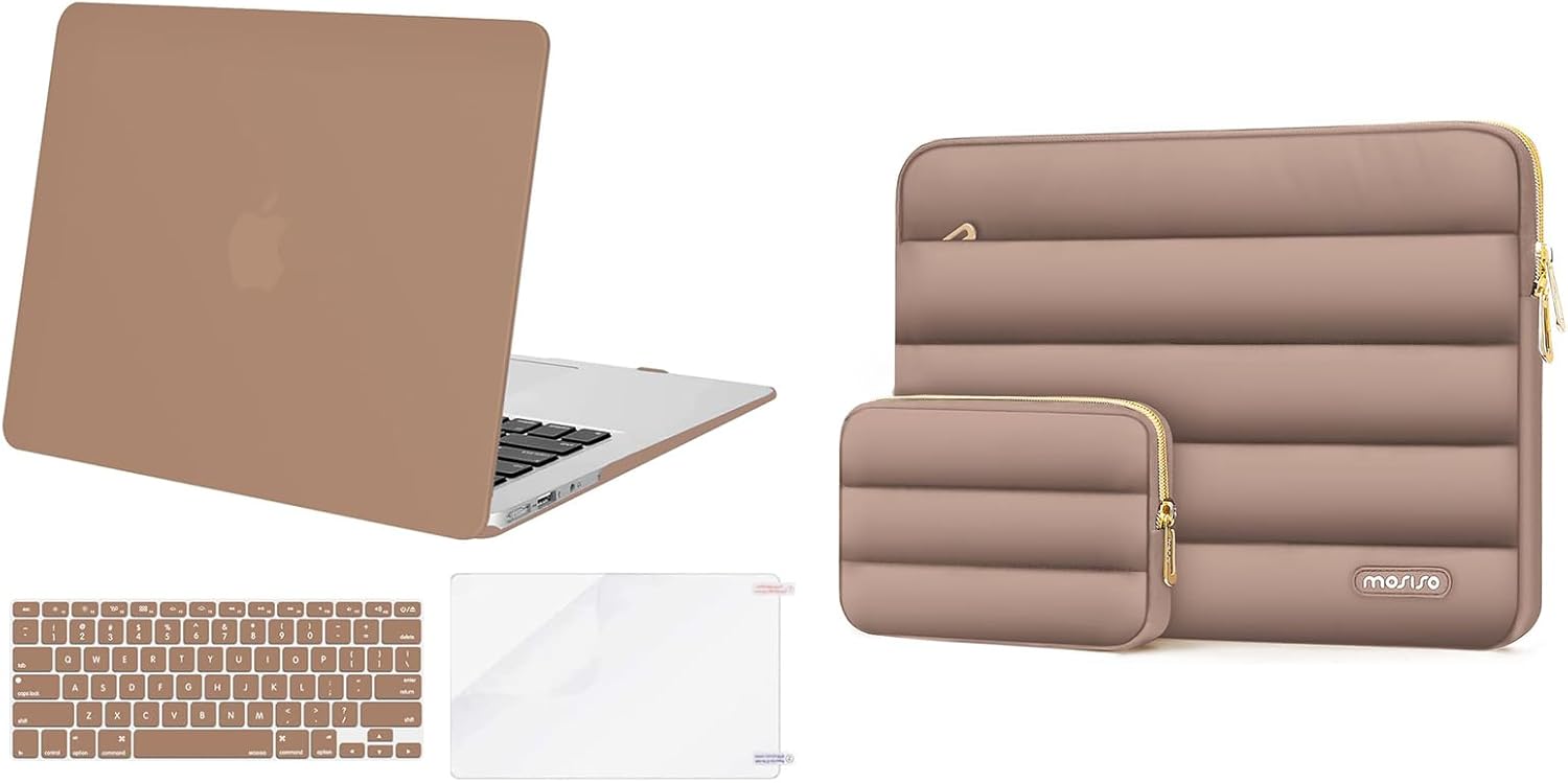 MOSISO Compatible with MacBook Pro 14 inch Case 2024-2021 M3 A2918 A2992 M2 A2779 M1 A2442, Plastic Hard Shell&Polyester Horizontal Sleeve Bag with Small Case&Keyboard Cover, Brown&Caramel Brown