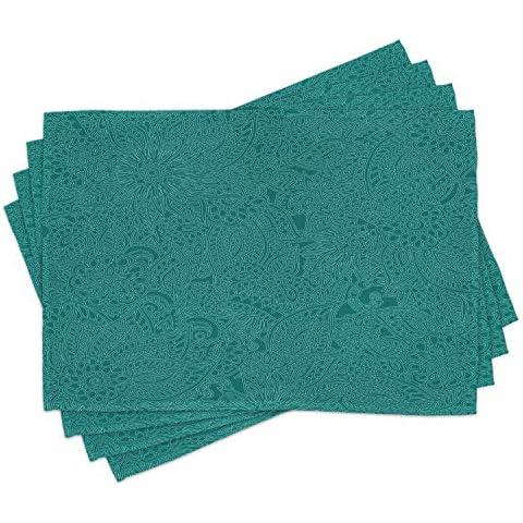 Lunarable Teal Place Mats Set of 4, Abstract Huge Flowers with Paisley Pattern Flourishes Traditional Ornate Doodle Art Print, Washable Fabric Placemats for Dining Table, Standard Size, Teal Cover