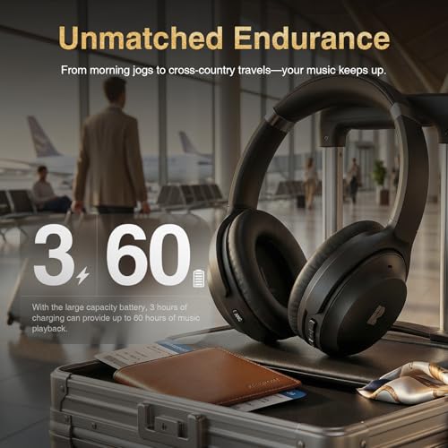 Image of Active Noise Cancelling Headphones, Wireless Over-Ear Bluetooth Headphones ANC, Hi-Res Audio, 60H Playtime, Deep Bass, 3.5MM Cable, Memory Foam Ear Cups for Work /Travel /Home /Office