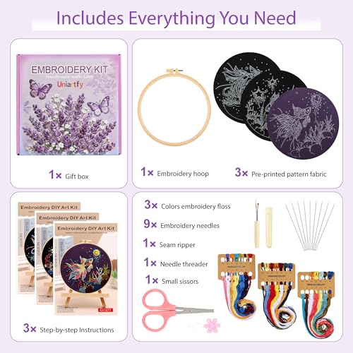 Image of Uniartfy 3 Sets Hand Embroidery Starter Kits for Beginners Adults, Goldfish Stamped Cross Stitch Kit, DIY Needlepoint Kit with Cloth, Hoop,Threads and Instruction, Easy to Learn Embroidery Starter Kit