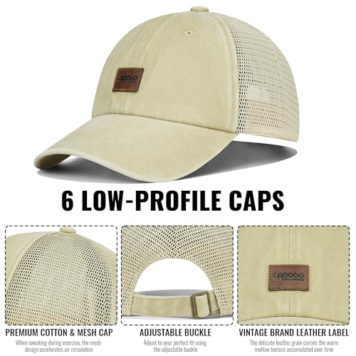 Image of Croogo Leather Patch Mesh Back Cap Washed Cotton Dad Hat | Breathable Material /Adjustable Design /Unstructured Hats /Vintage Wash /Exclusive Products