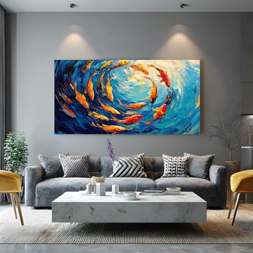Tableau aquarelle carpe pour habiller un grand mur vide de salon 50x100