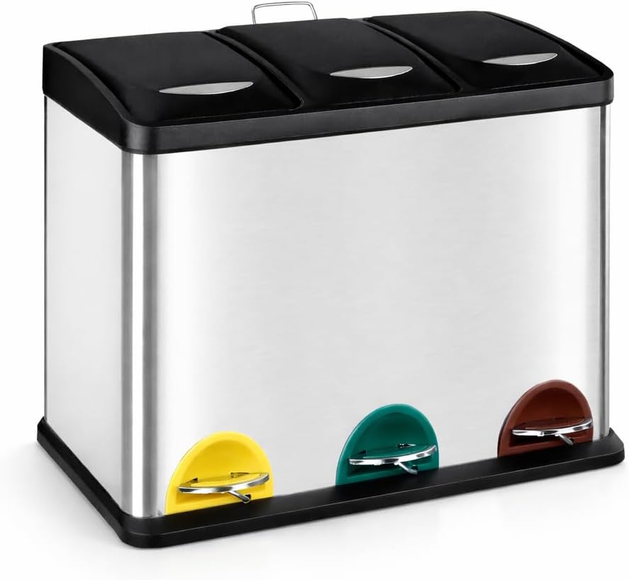 Cubo reciclaje 3 compartimentos 24L | Acero | T-LOVENDO.ES