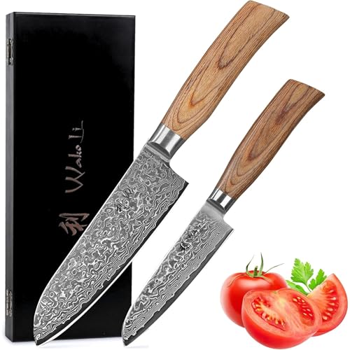 Wakoli EDIB Pro 2-teiliges Damastmesser Set aus echtem Damaststahl (VG10 Kern) in edler Geschenkbox – mit 2 Santoku Messer – Scharfe Kochmesser im Küchenmesser-Set mit ergonomischen Pakkaholzgriffen