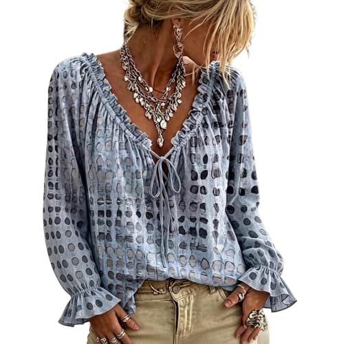 Ladies Tops and Blouses Long Sleeve Polka Dot Lace Up