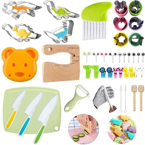 Juego de 43 cuchillos de cocina para niños con cortadores de galletas de dinosaurio y cuchillos aptos para niños para cortar pasteles, galletas, frutas, sándwiches y verduras
