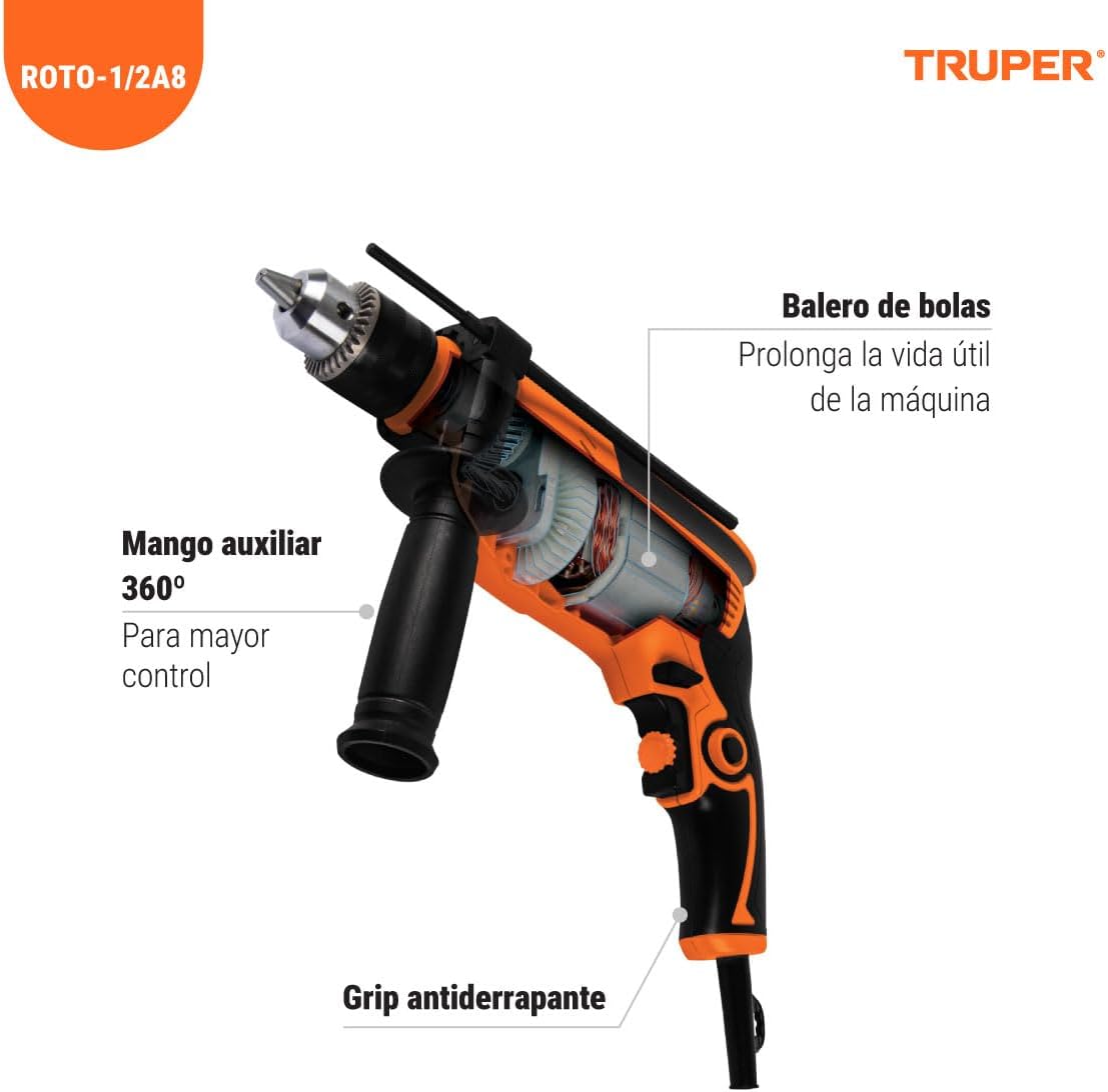 Truper 1/2" Professional 700W Rotary Hammer Drill, 110V, 5A, Orange