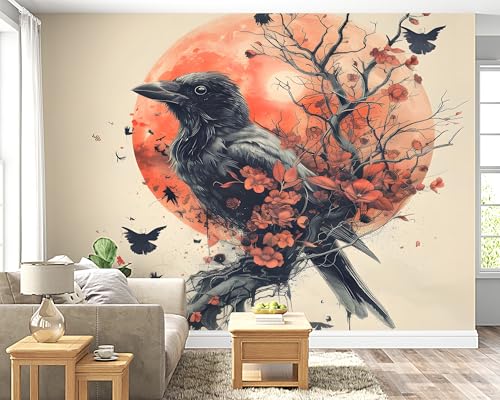 Papier peint panoramique corbeau branches fleurs décoration murale