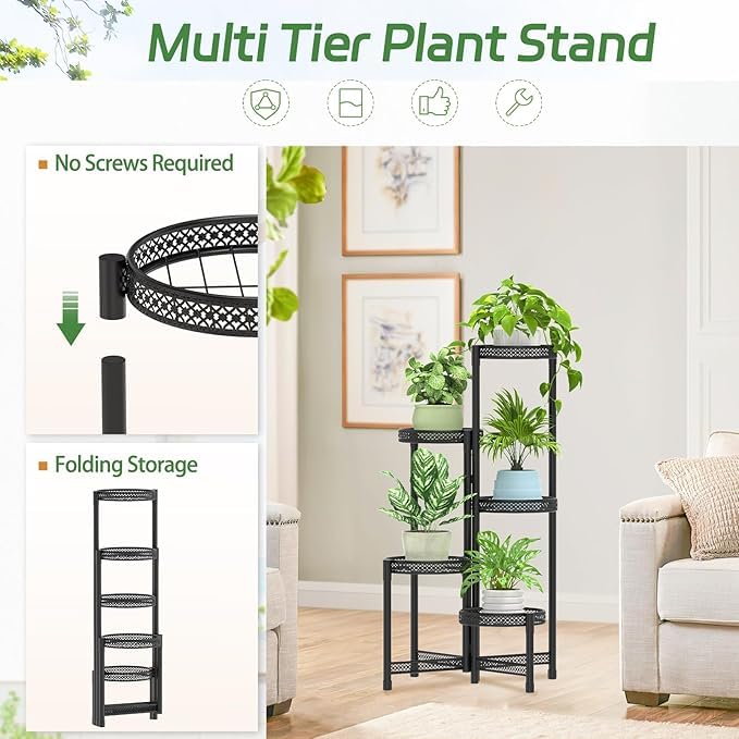 Image of Snazzy 5 Tier Metal Plant Stand for Indoor Outdoor, Foldable Corner Tall Plant Shelf Display Stand for Multiple Plants, Wrought Iron Flower Pot Holder for Living Room Balcony Garden Patio