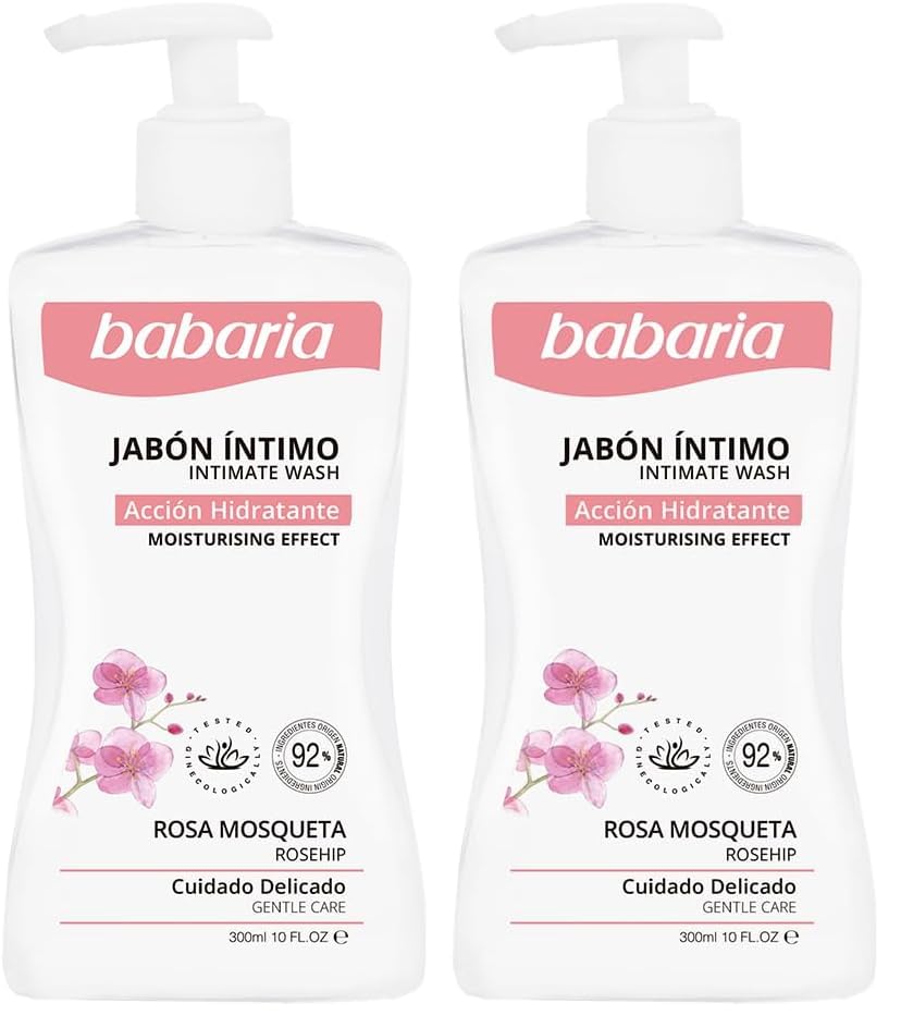 Babaria - Jabón Íntimo Hidratante con Rosa Mosqueta y Ácido Láctico, Respeta el PH Íntimo, Testado Bajo Control Ginecológico, Rápida Absorción, Vegano - 300 ml (Paquete de 2)