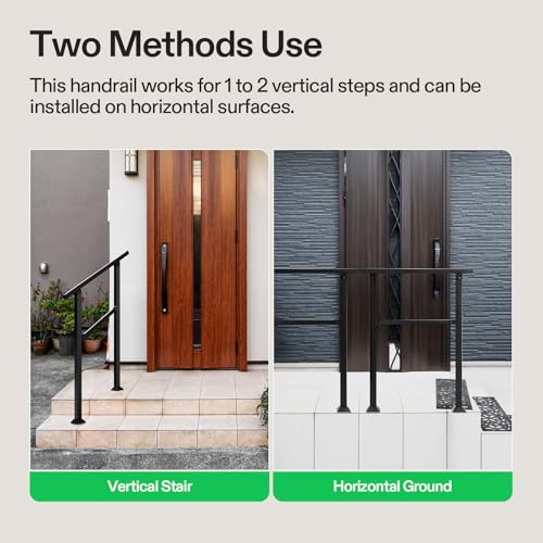 Image of VIVOSUN Outdoor Handrail, 2 Step Stair Handrail, 26 inch x 36 inch Fits 1 to 2 Steps, Wrought Mattle Iron Handrail for Concrete Steps, Porch Steps, One-Step Assembly, Black