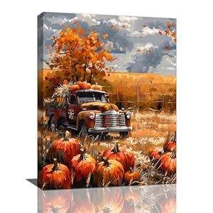 Fall Decor Wall Art Farmhouse Autumn Pumpkins Pictures Wall Decor Country Autumn Leaves Red Truck Canvas Painting Print Modern Home Decorations Artwork for Bathroom Bedroom Living Room Kitchen 12×16
