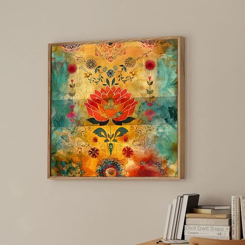Image of Colorful Vastu Lotus Framed Canvas Wall Art Painting for Living Room | Bohemian Floral Artwork Painting with Frame | Modern Spiritual Wall Decor for Home, Bedroom & Office, 23x23 Inch