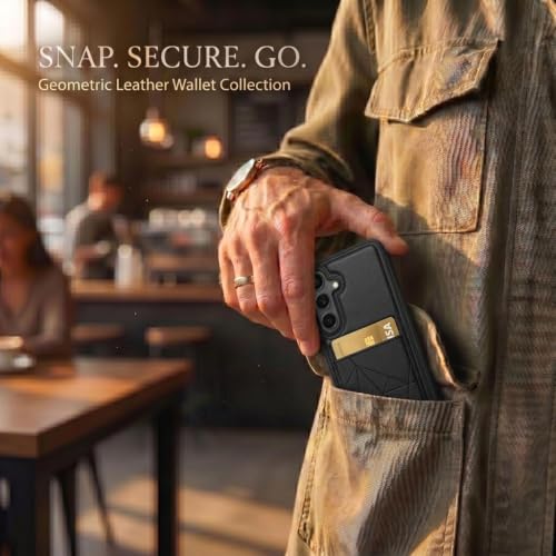Image of amazon basics Premium Vegan Leather Back Cover with Card Holder and Integrated Mobile Stand for Samsung Galaxy S25FE 5G - Slim Shockproof Wallet Case with Geometric Stitching [Black]